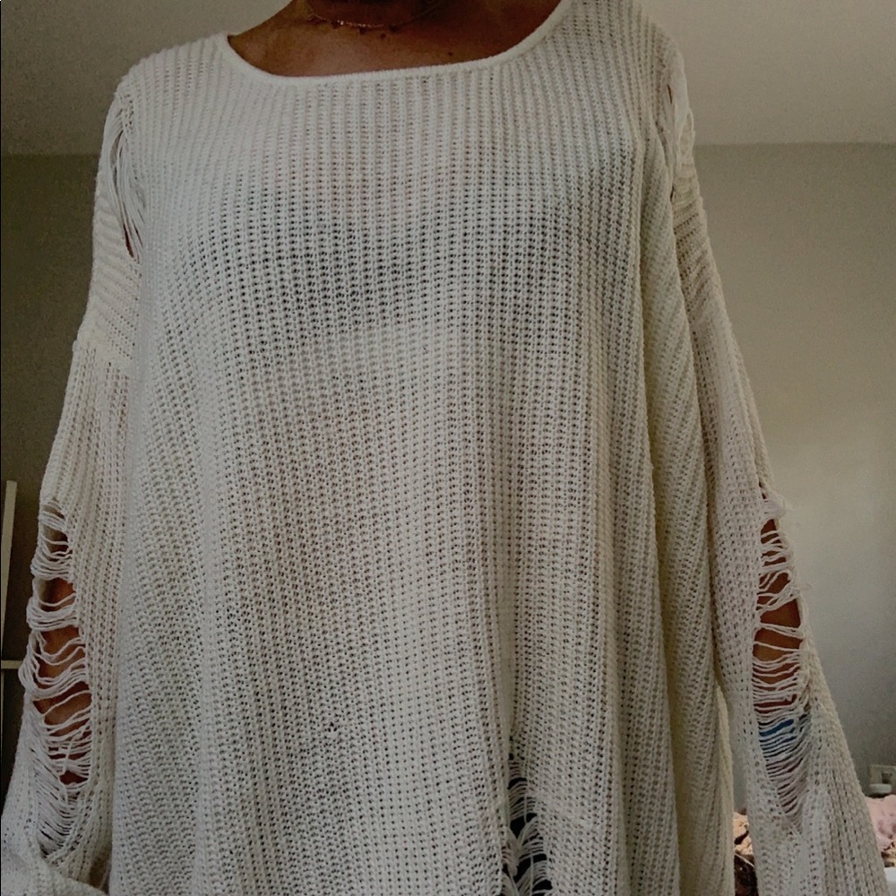 Oversized distressed white sweater